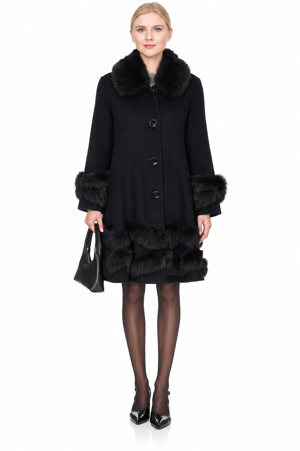 Amira- A-Line Swing Coat with Faux Fox Fur Trim