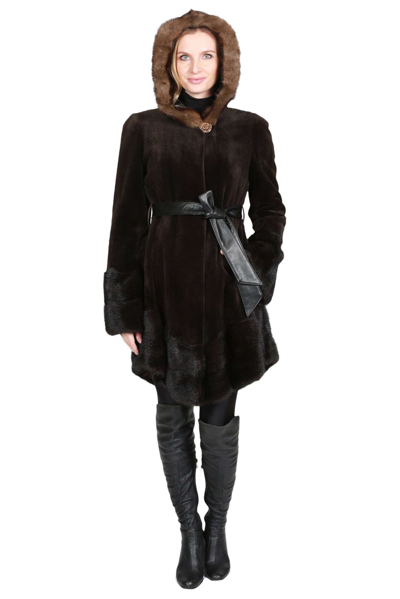 Darkhan- Sheared Mink Coat with Waist Belt and Unsheared Mink Trim