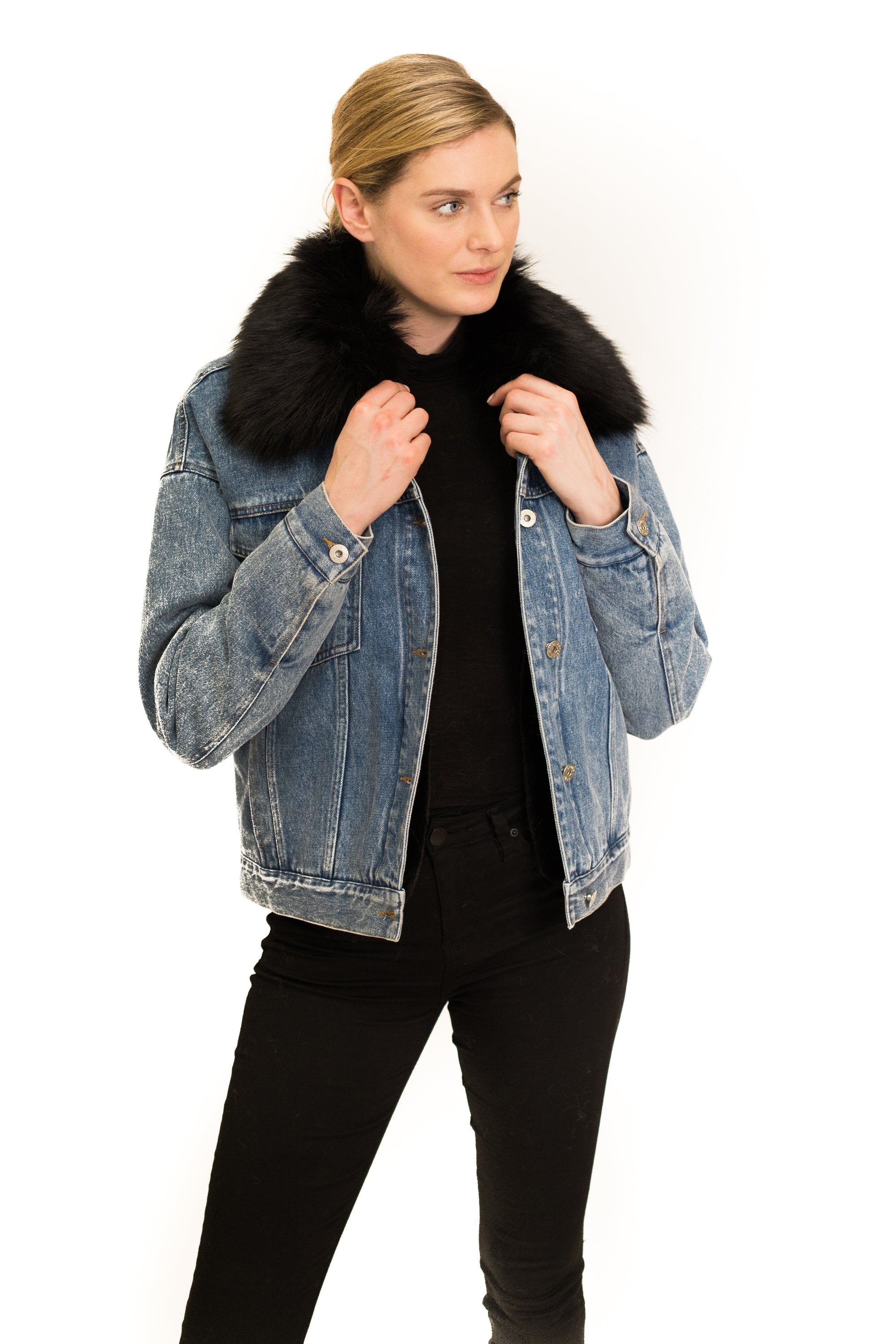 Blue Fur Collar Denim Jacket | Jisoo - BlackPink - Fashion Chingu