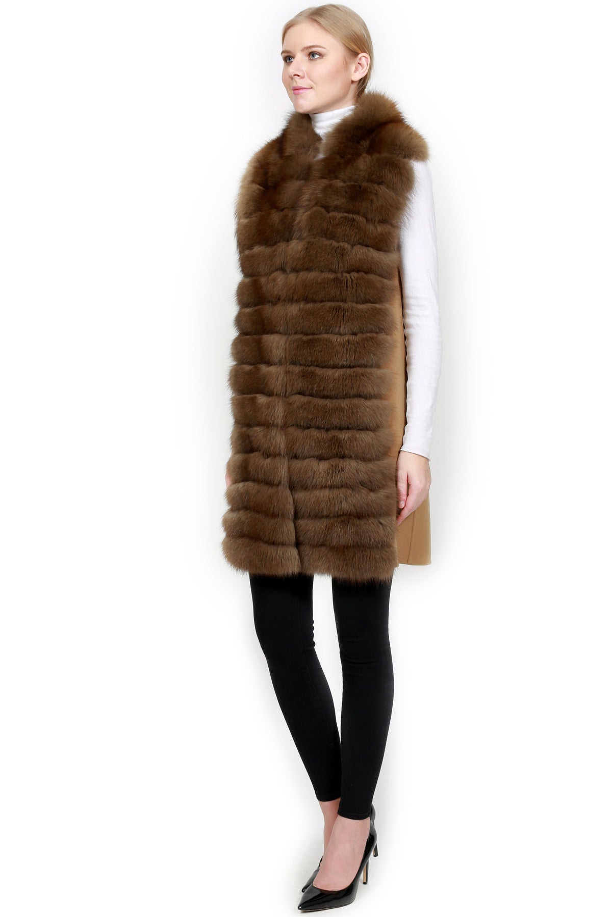 Lightweight Cashmere Coat with Detachable Fox Vest
