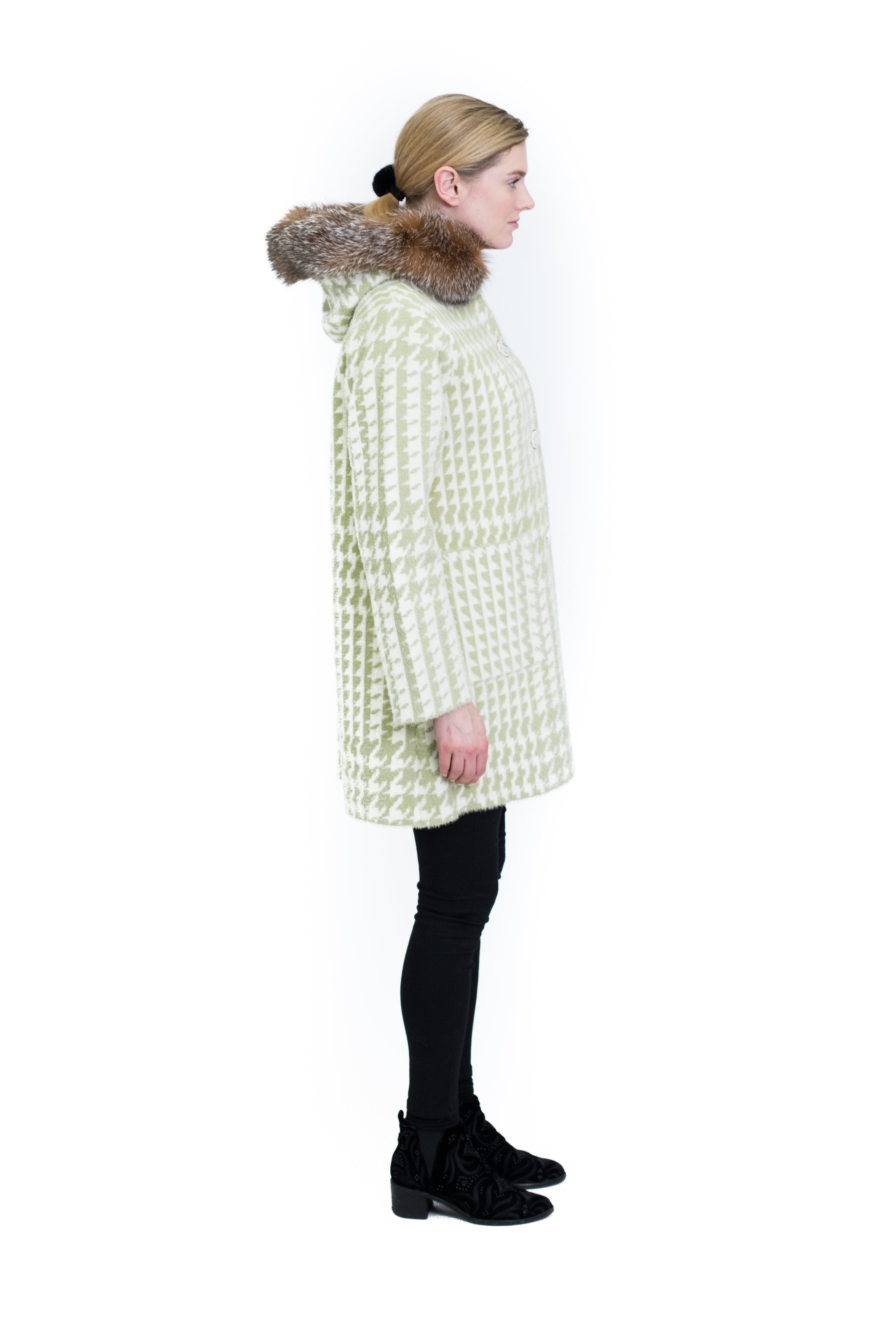 Green Houndstooth Coat with Silver Fox Trim Hood