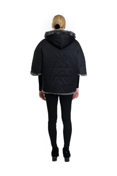 Rex Rabbit Cape Coat with Hood and Side Zipper Detail