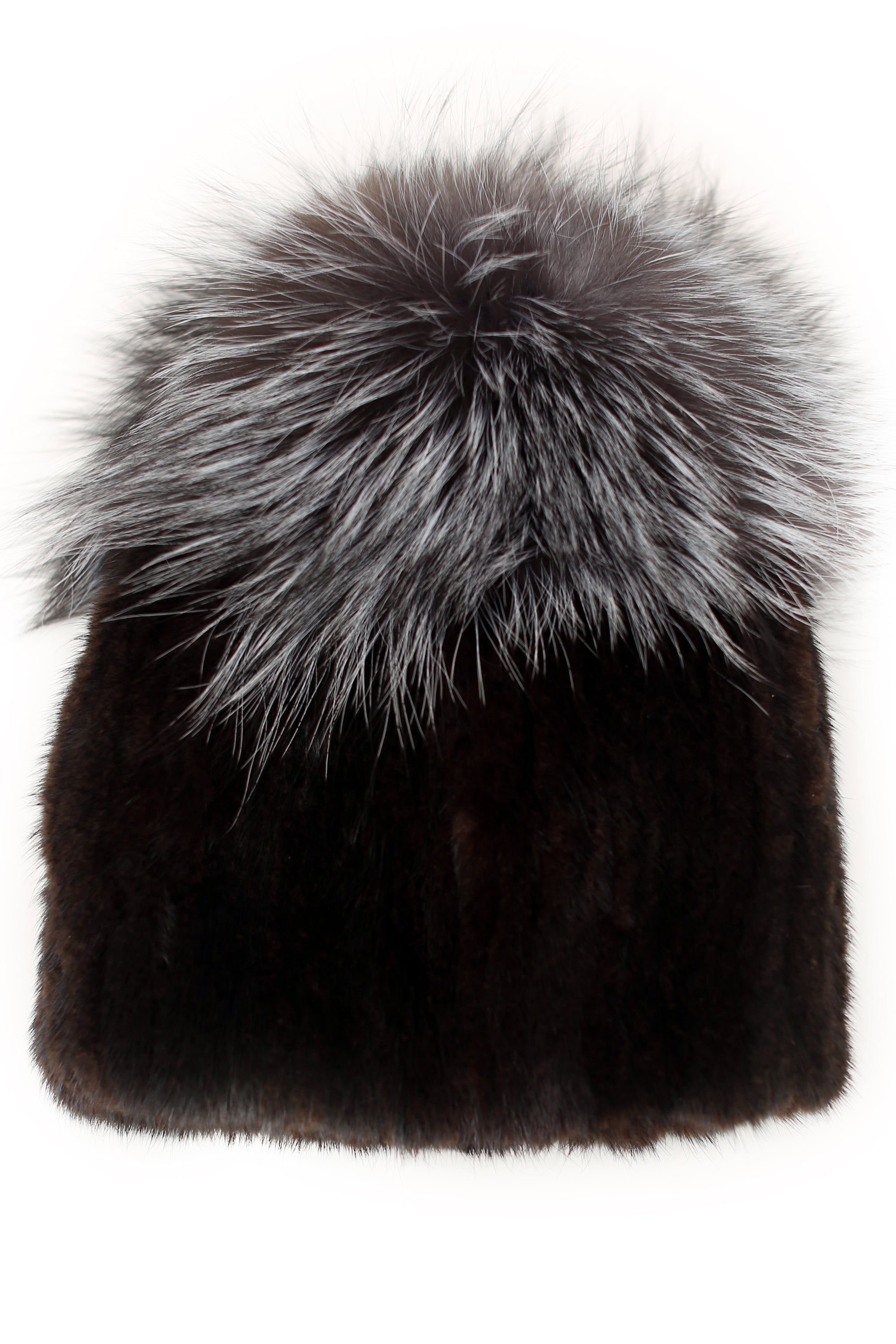 PARNU - Knitted Mink Beanie with Oversized Silver Fox Pom