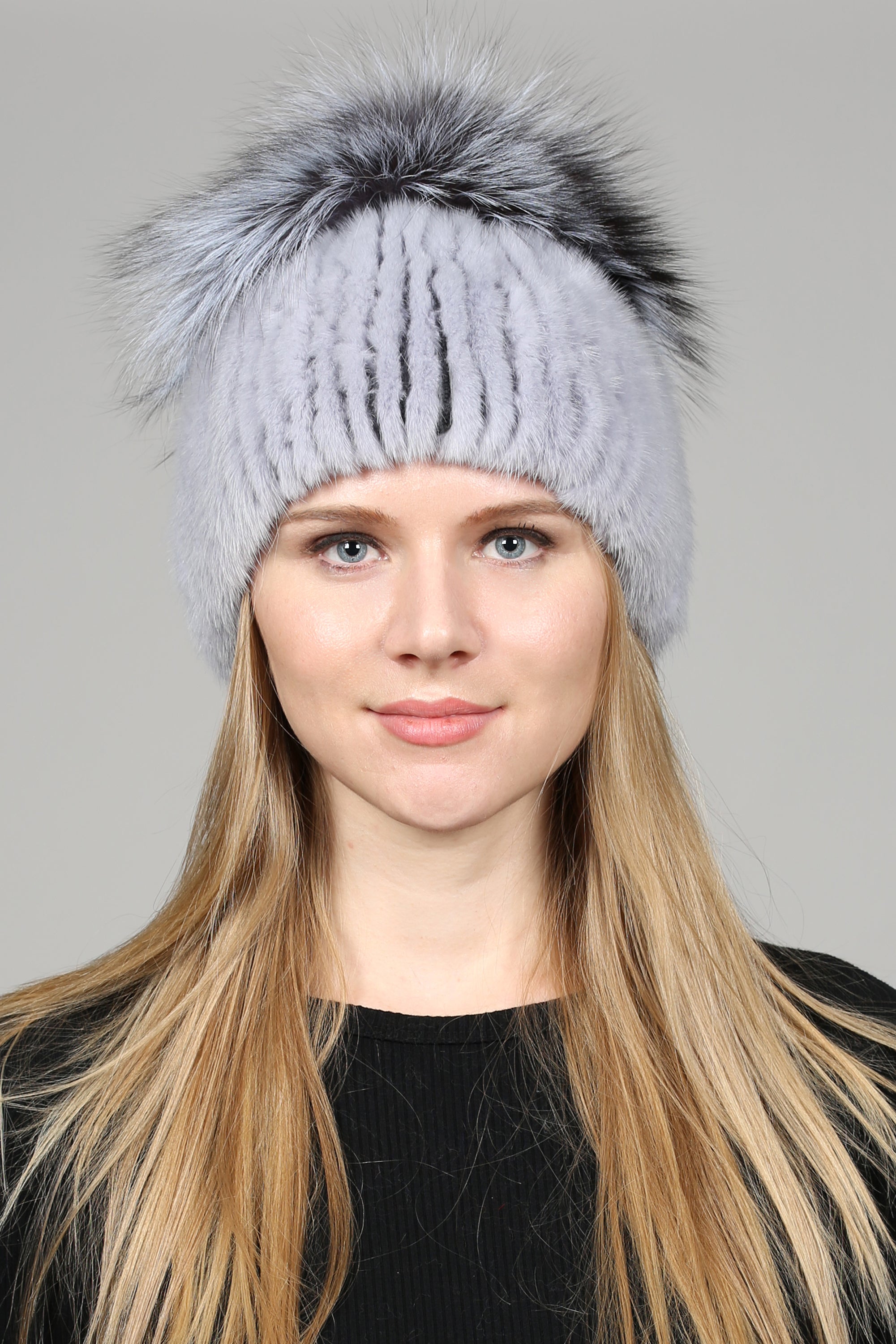 PARNU - Knitted Mink Beanie with Oversized Silver Fox Pom