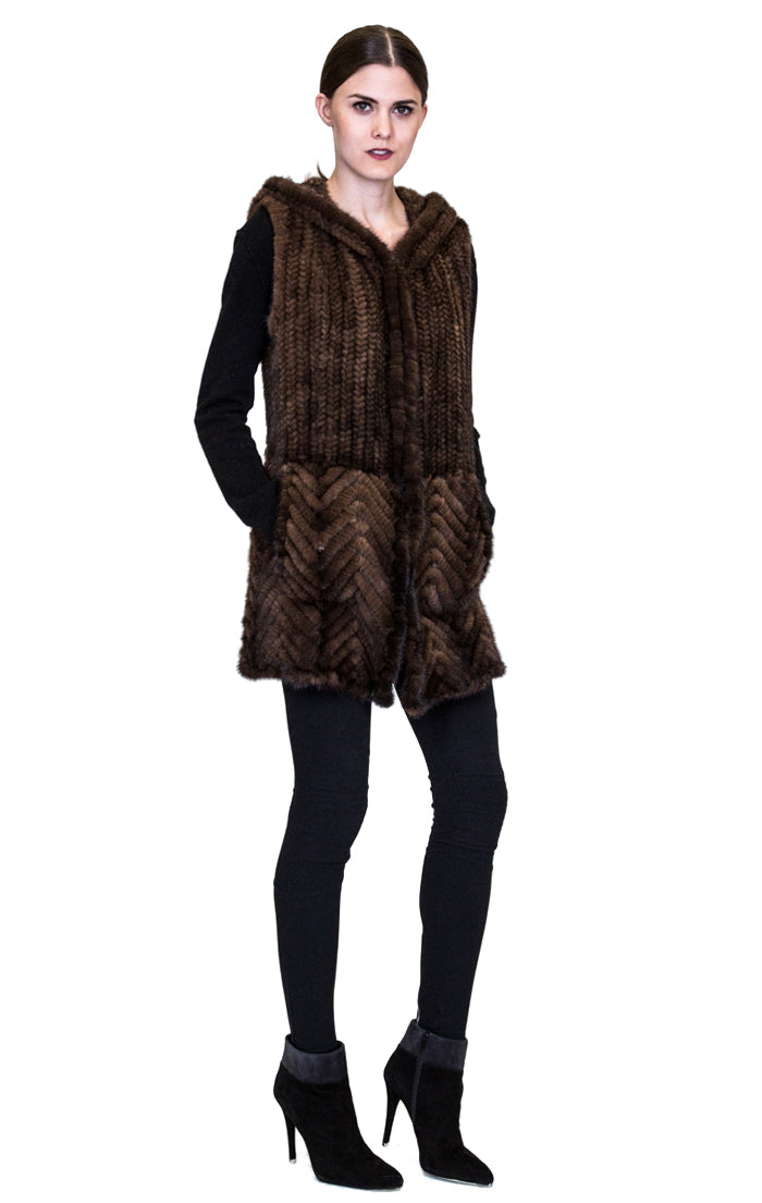 LOOE - Herribone Mink Fur Vest with Hood