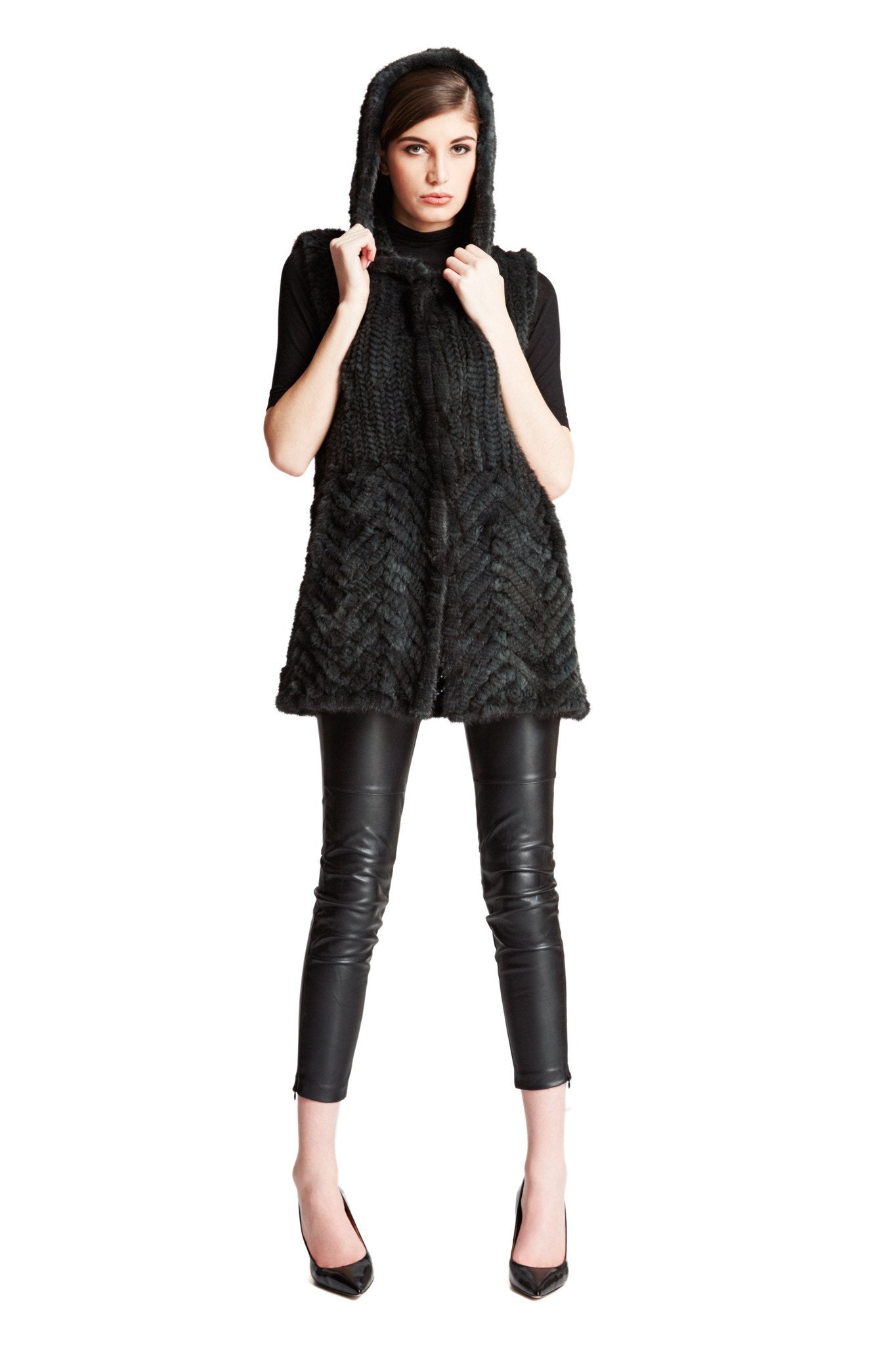 LOOE - Herribone Mink Fur Vest with Hood