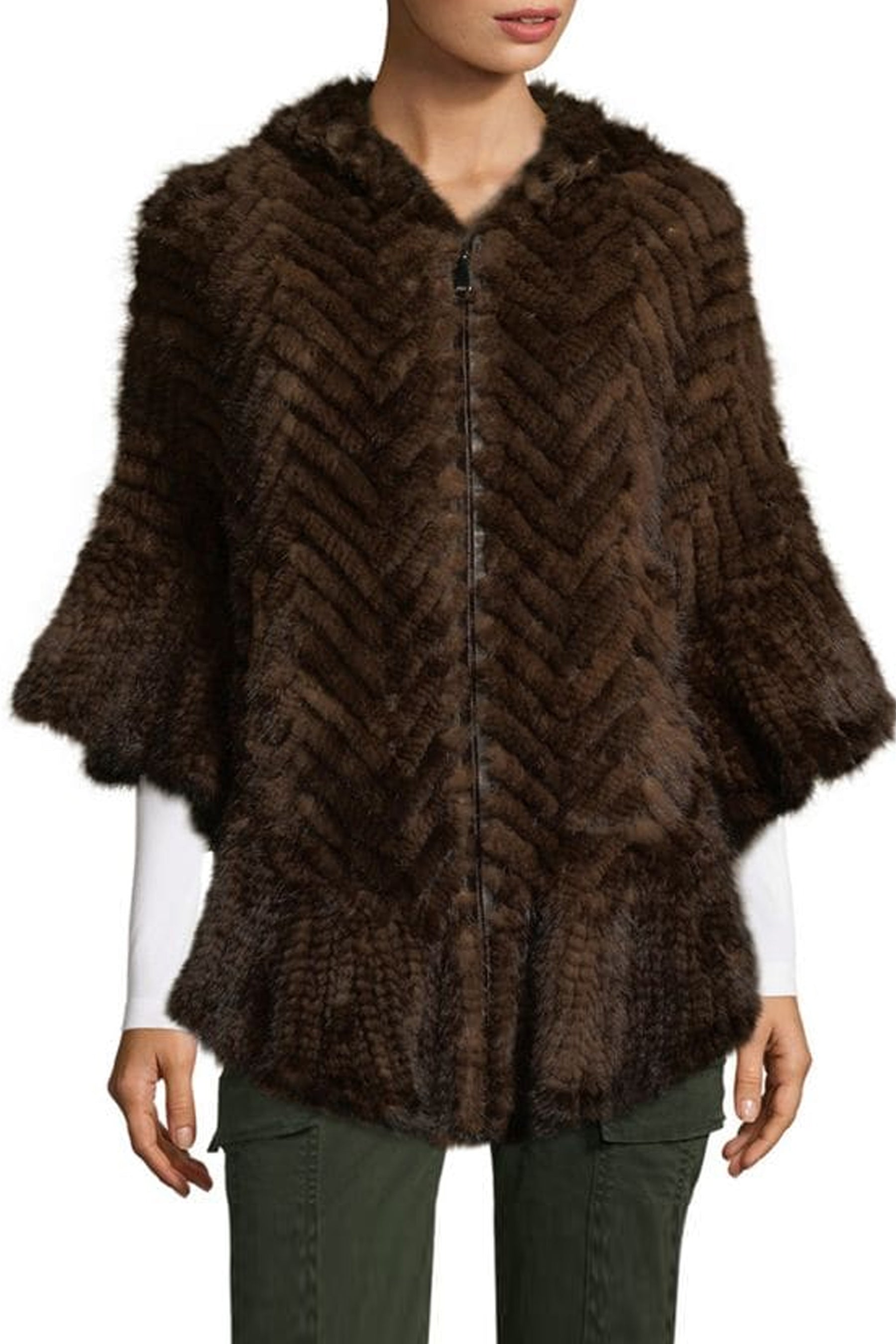 ST. CLOUD - Knitted Mink Herringbone Hooded Poncho