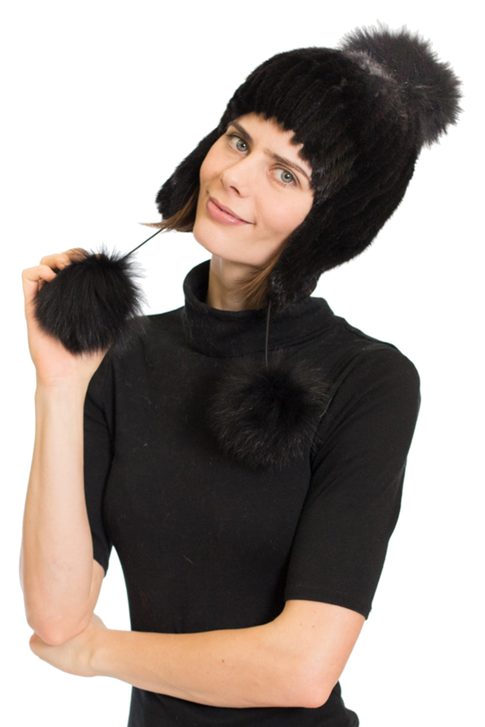 AYAN - Mink Trapper Hat with Silver Fox Pom Poms