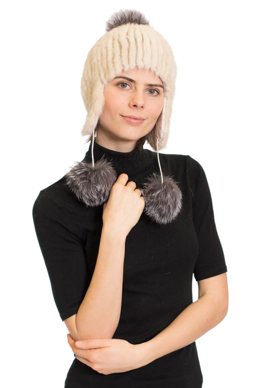 AYAN - Mink Trapper Hat with Silver Fox Pom Poms