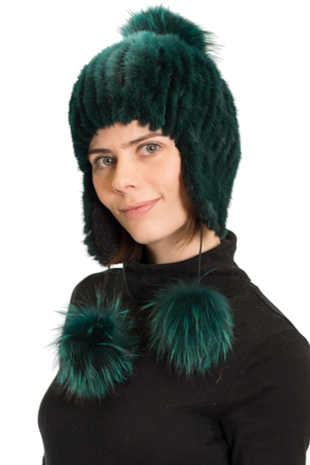 AYAN - Mink Trapper Hat with Silver Fox Pom Poms