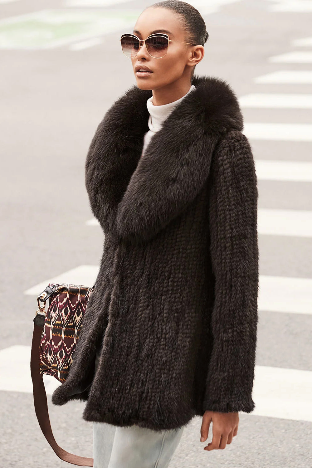 JILIN - Knitted Mink Wrap Coat with Raccoon Collar