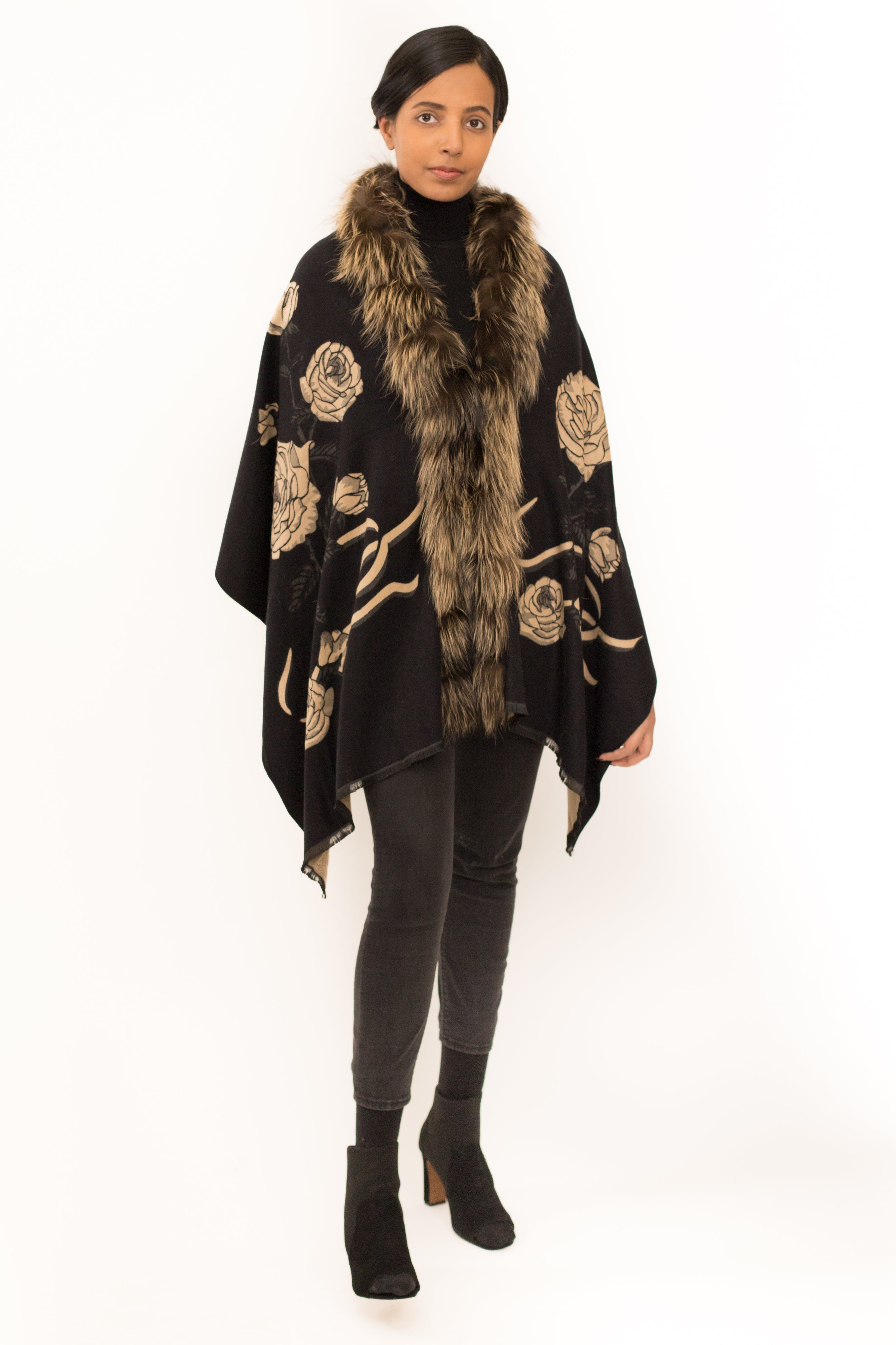 ADUR - Printed Cashmere Wrap with Fur Trim