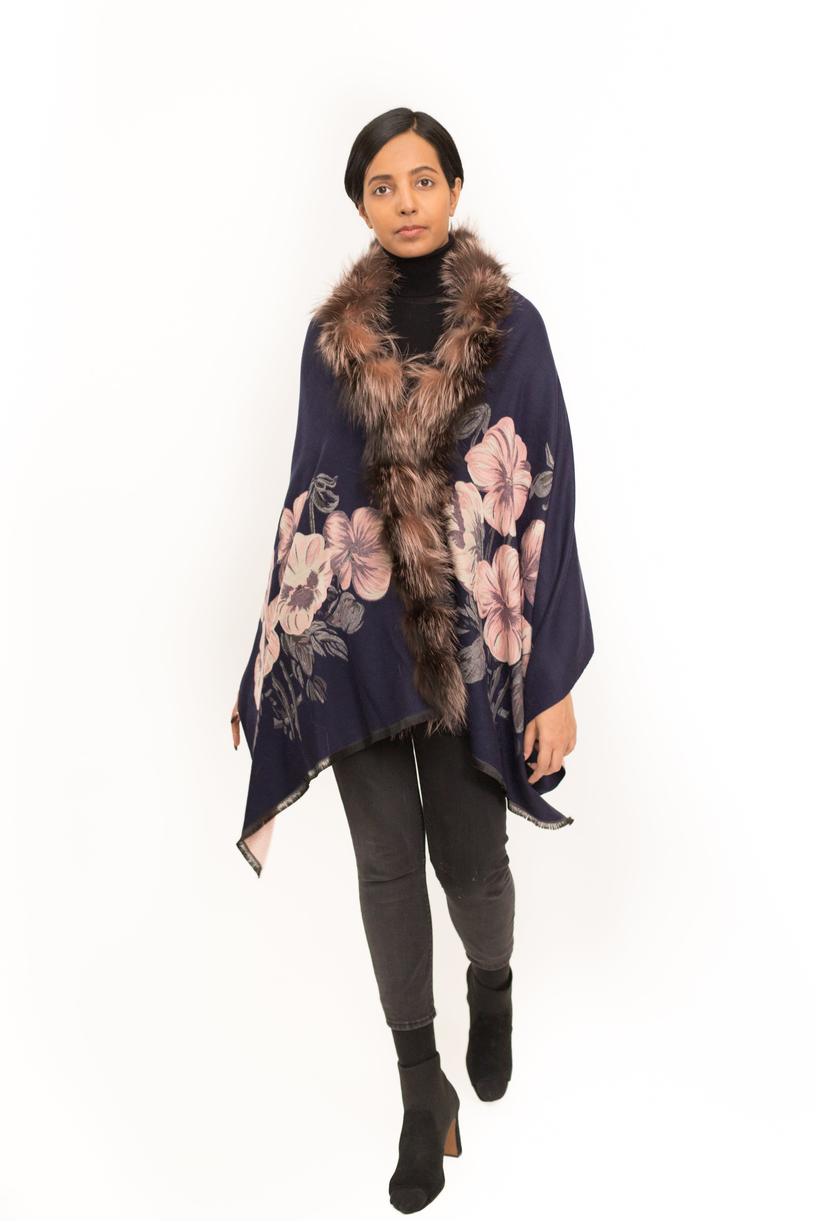 ADUR - Printed Cashmere Wrap with Fur Trim