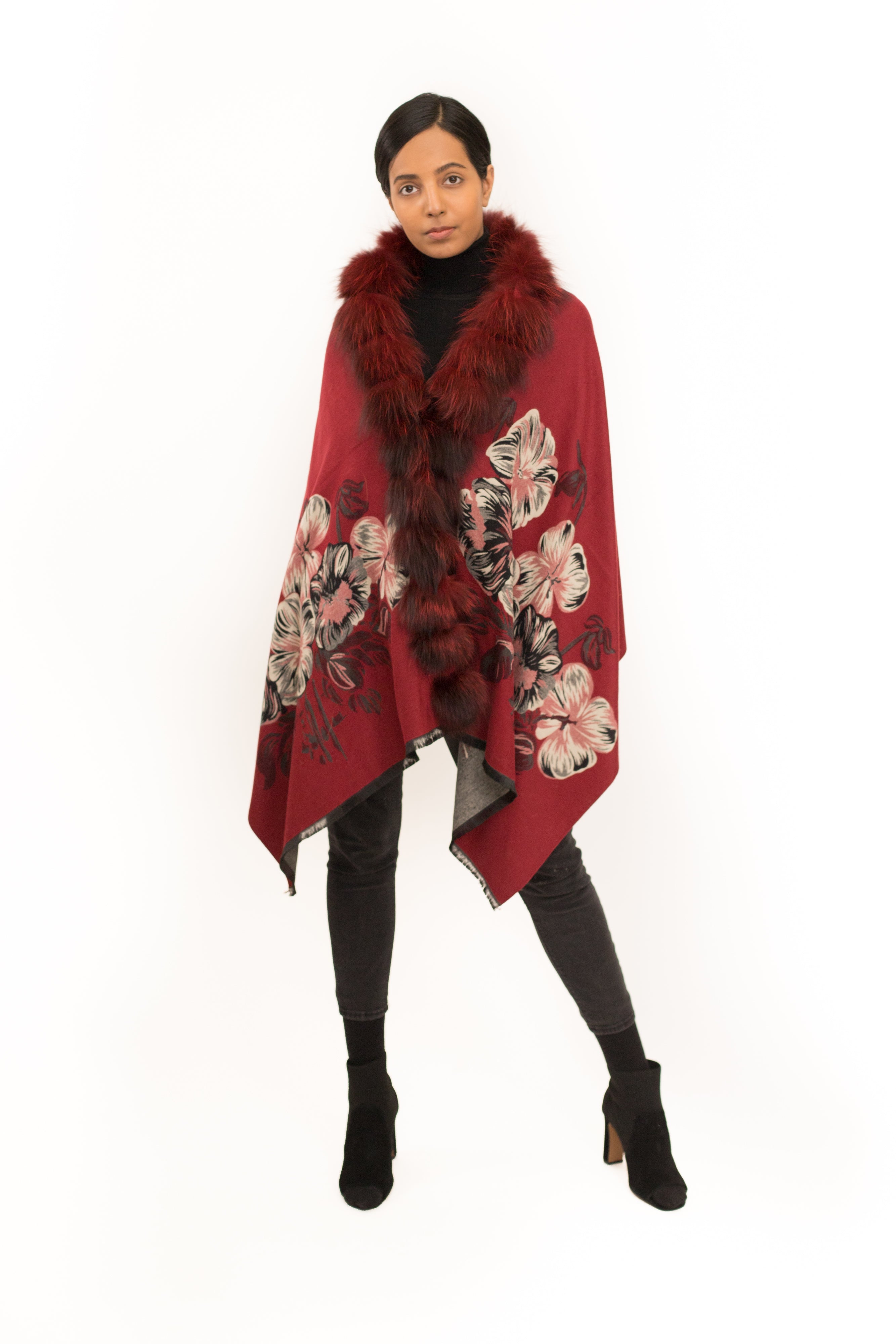 ADUR - Printed Cashmere Wrap with Fur Trim