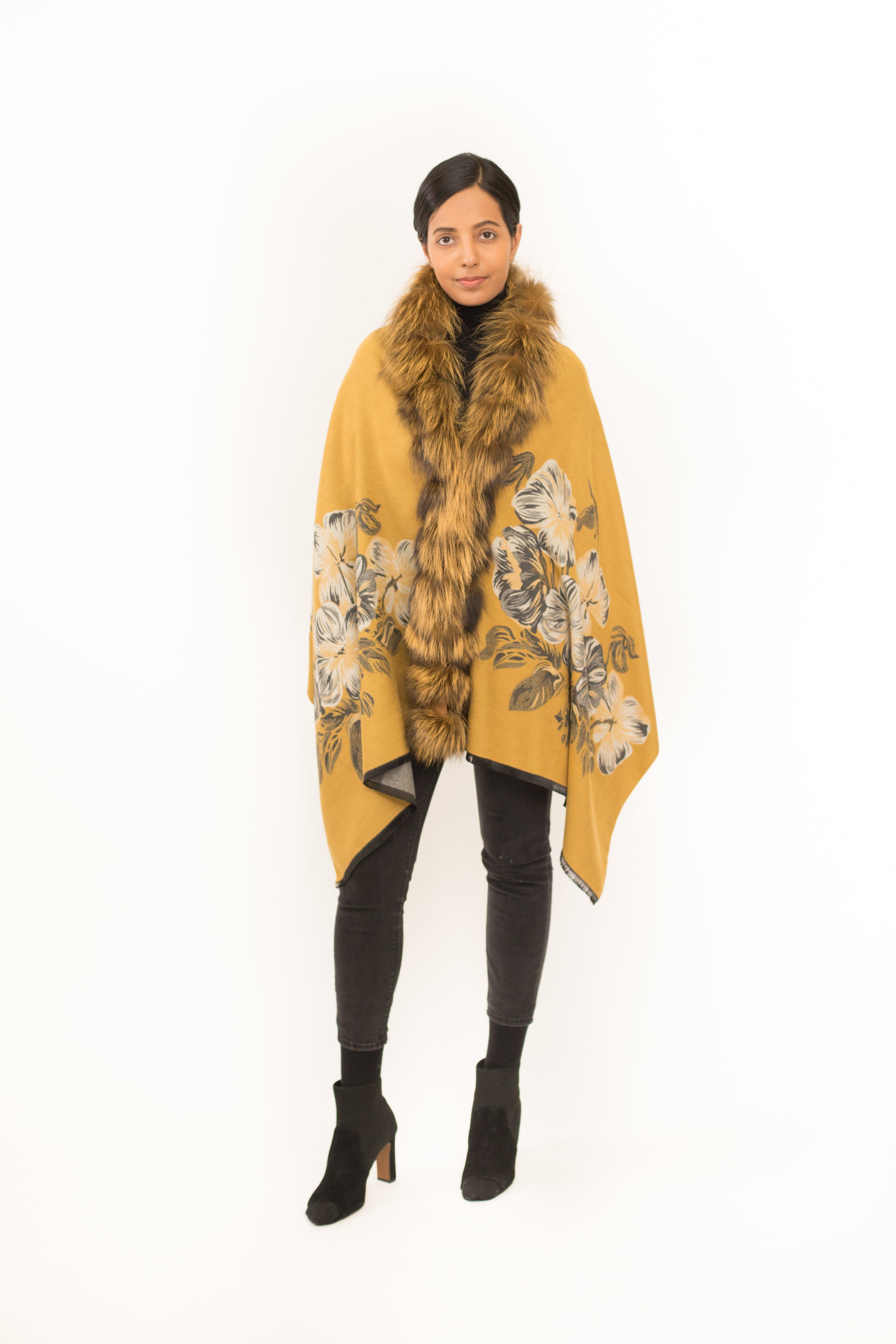 ADUR - Printed Cashmere Wrap with Fur Trim