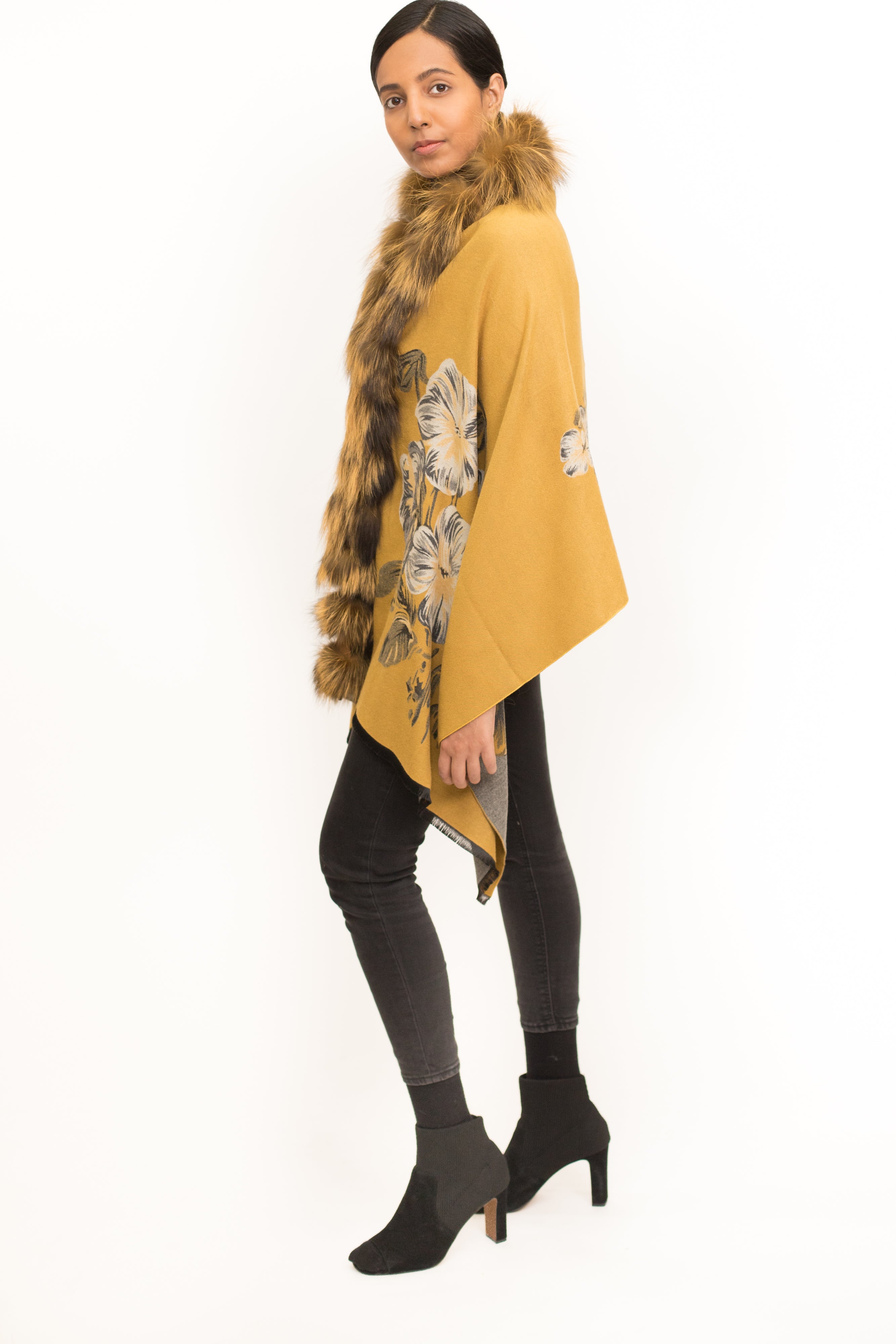 ADUR - Printed Cashmere Wrap with Fur Trim