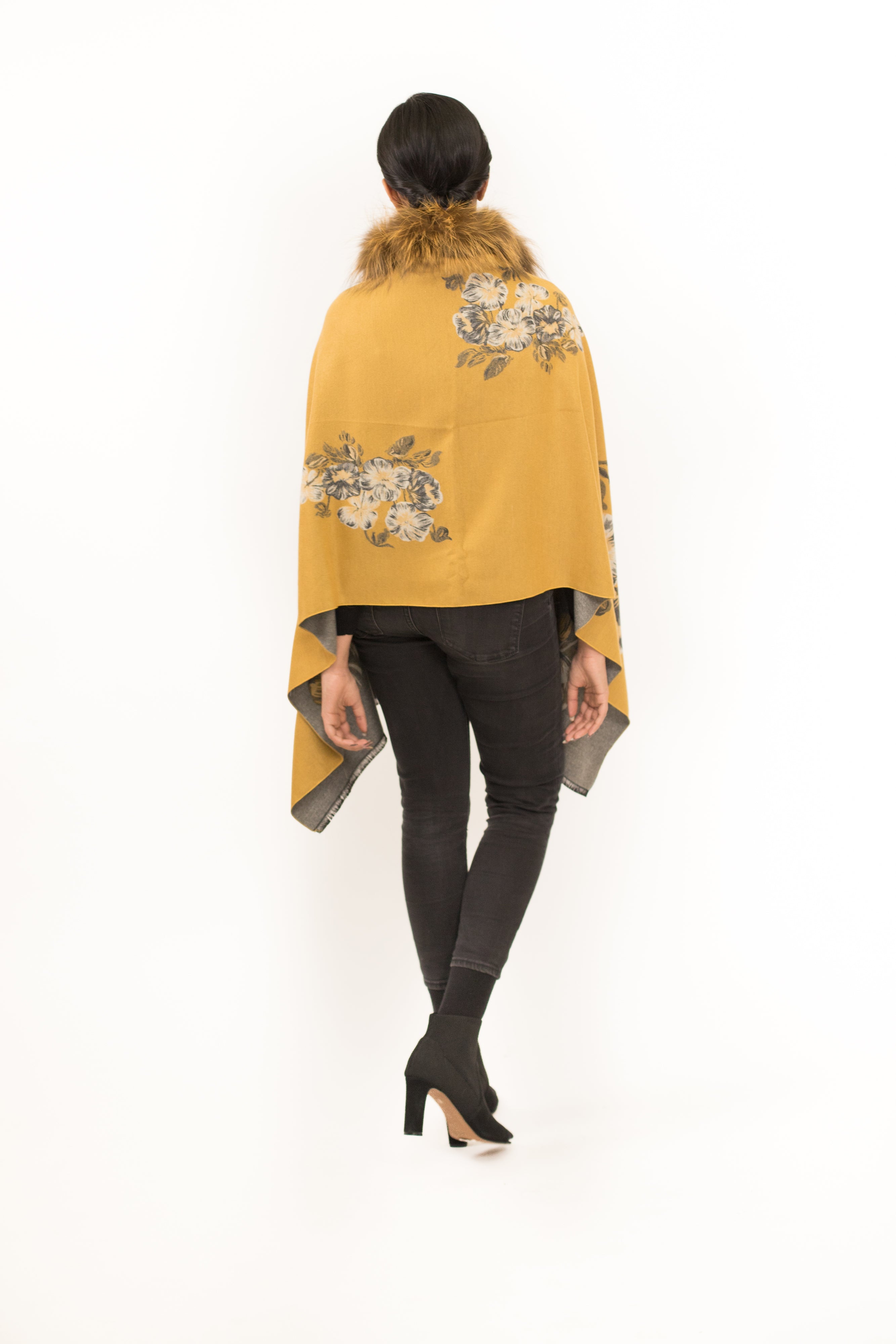 ADUR - Printed Cashmere Wrap with Fur Trim