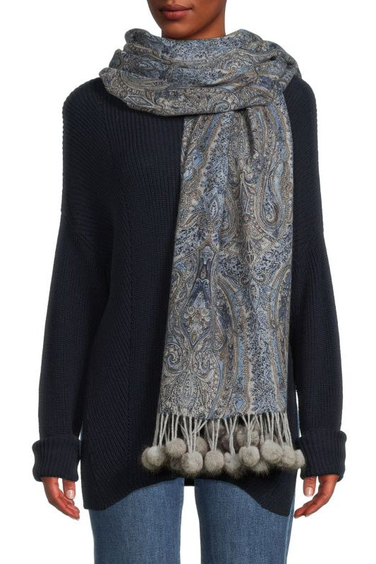 RYE - Reversible Cashmere Paisley Scarf with Mink Poms