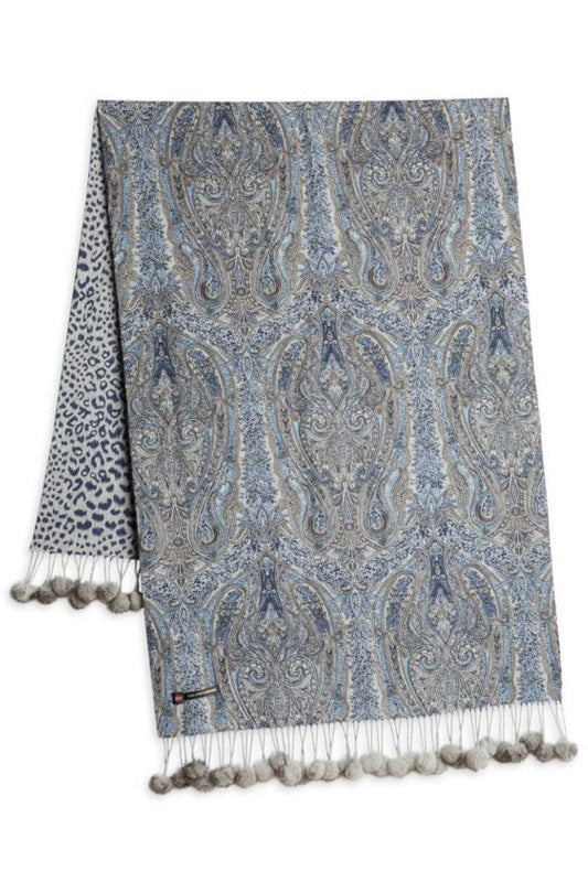 RYE - Reversible Cashmere Paisley Scarf with Mink Poms