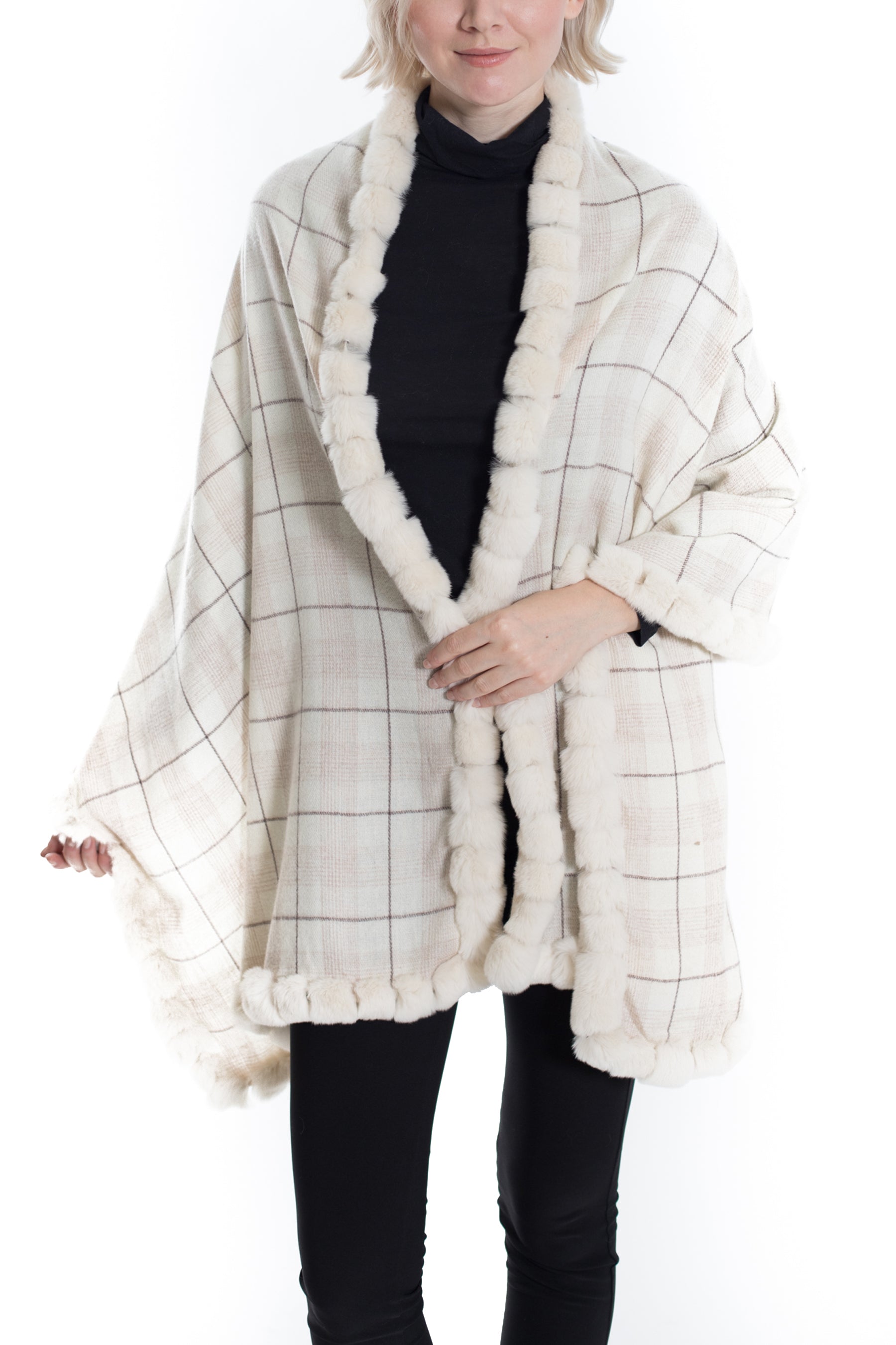 POMPTON - Wool Wrap with Fur Trim