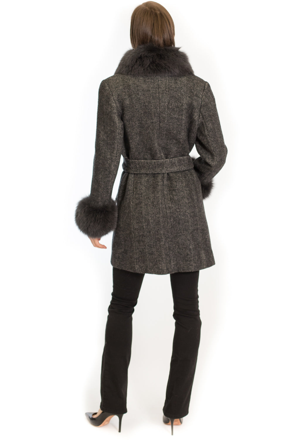 FRR October Wool Wrap Coat with Fox Fur Trim in Stone