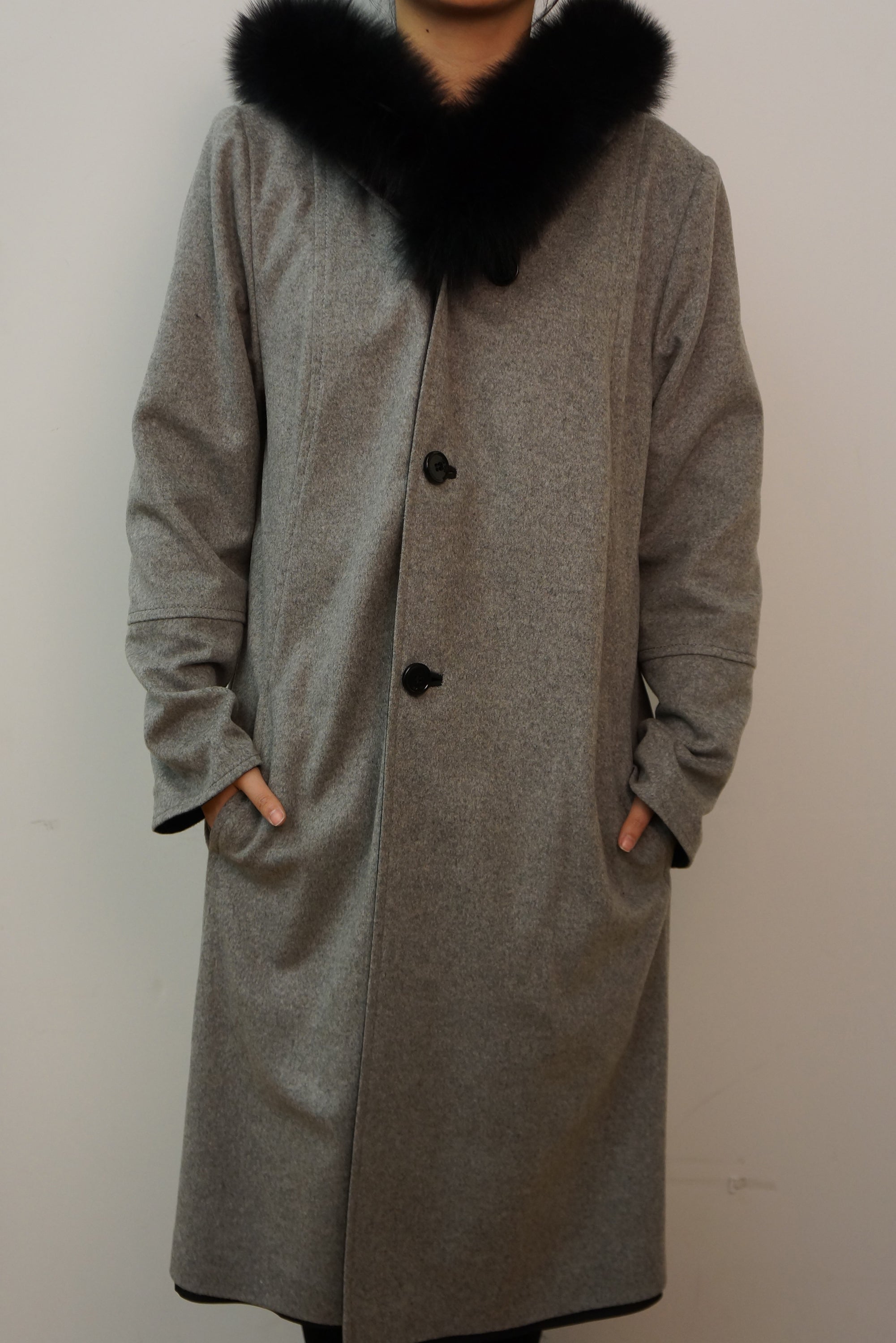 Reversible Microfabric Coat with Raccoon Trim