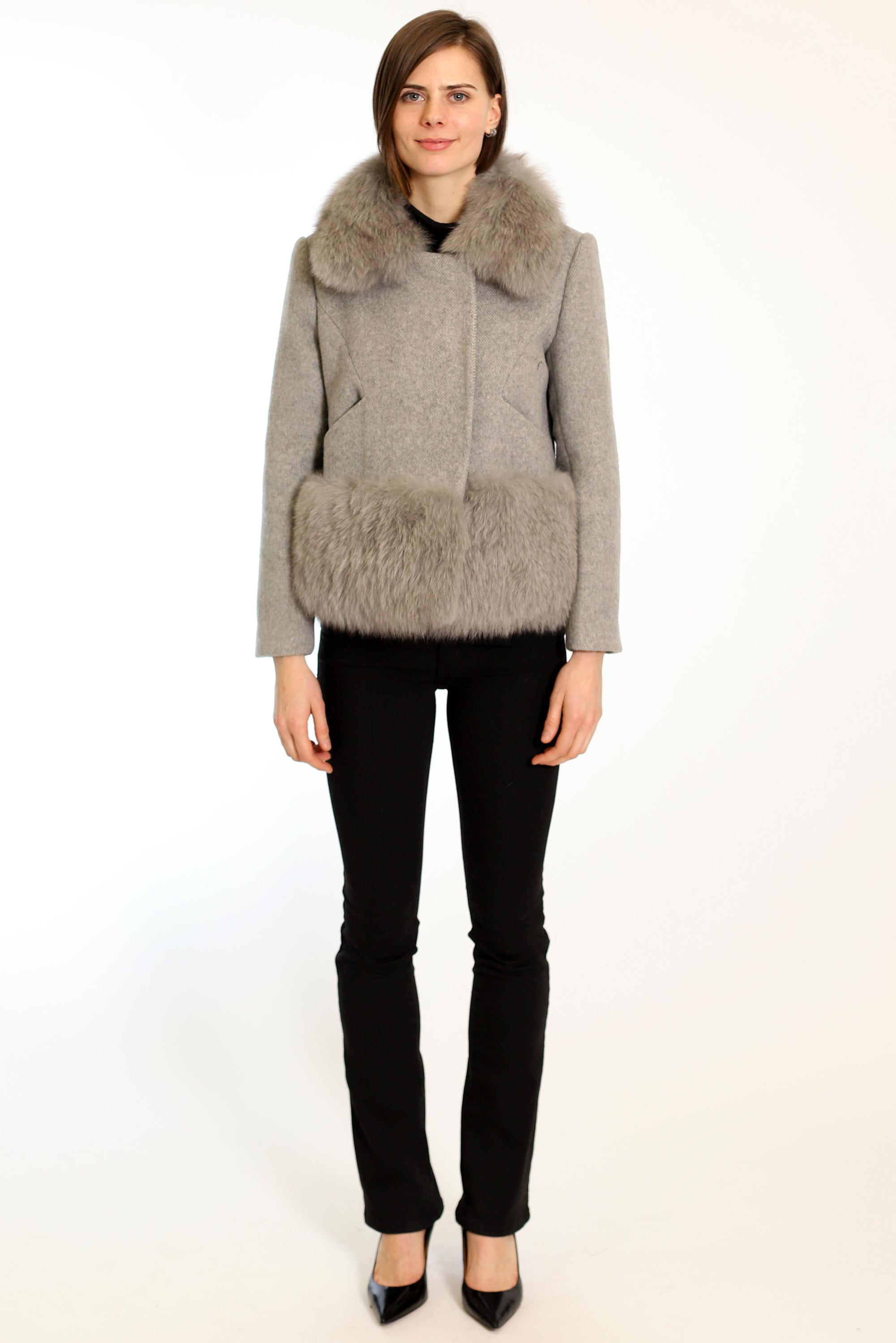 Wool Coat with Faux Fur Collar and Hem