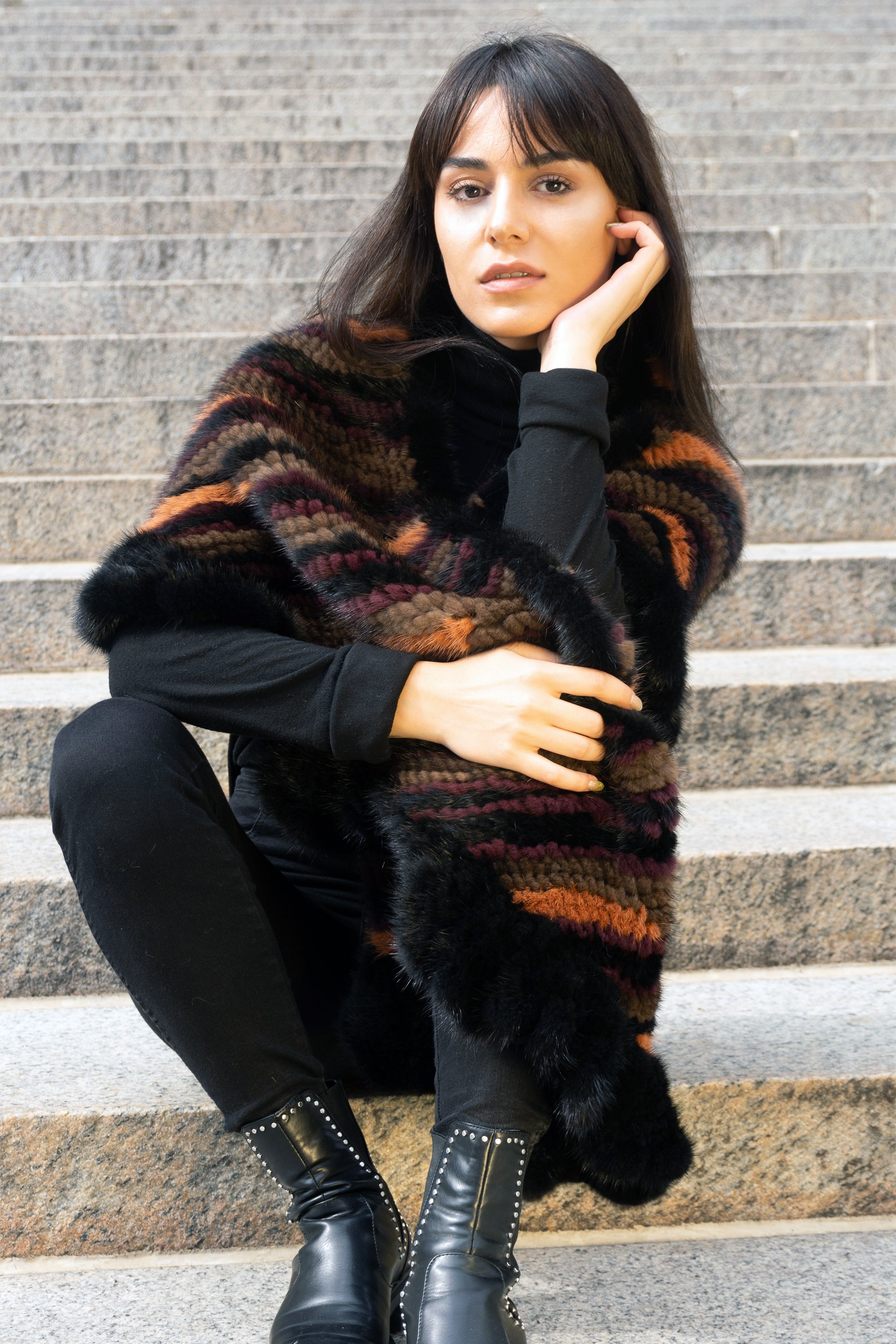 BARUUN - Knitted Mink Shrug with Multicolor Details