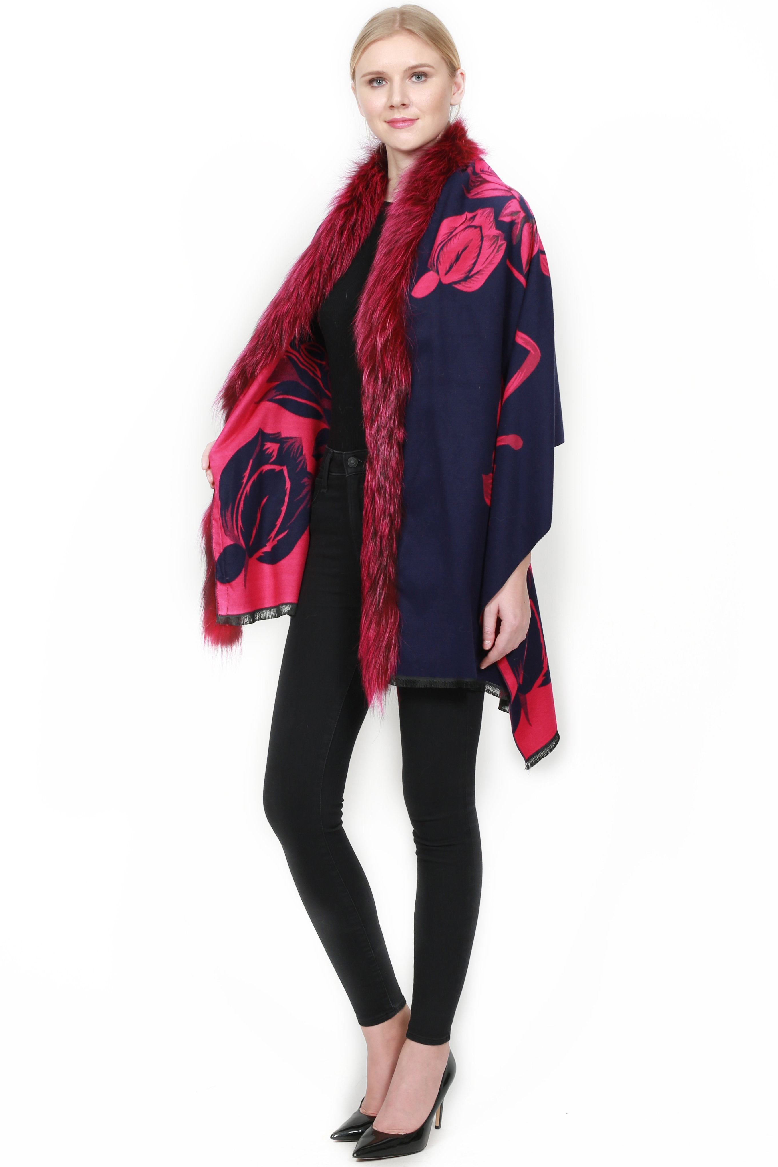 ADUR - Printed Cashmere Wrap with Fur Trim