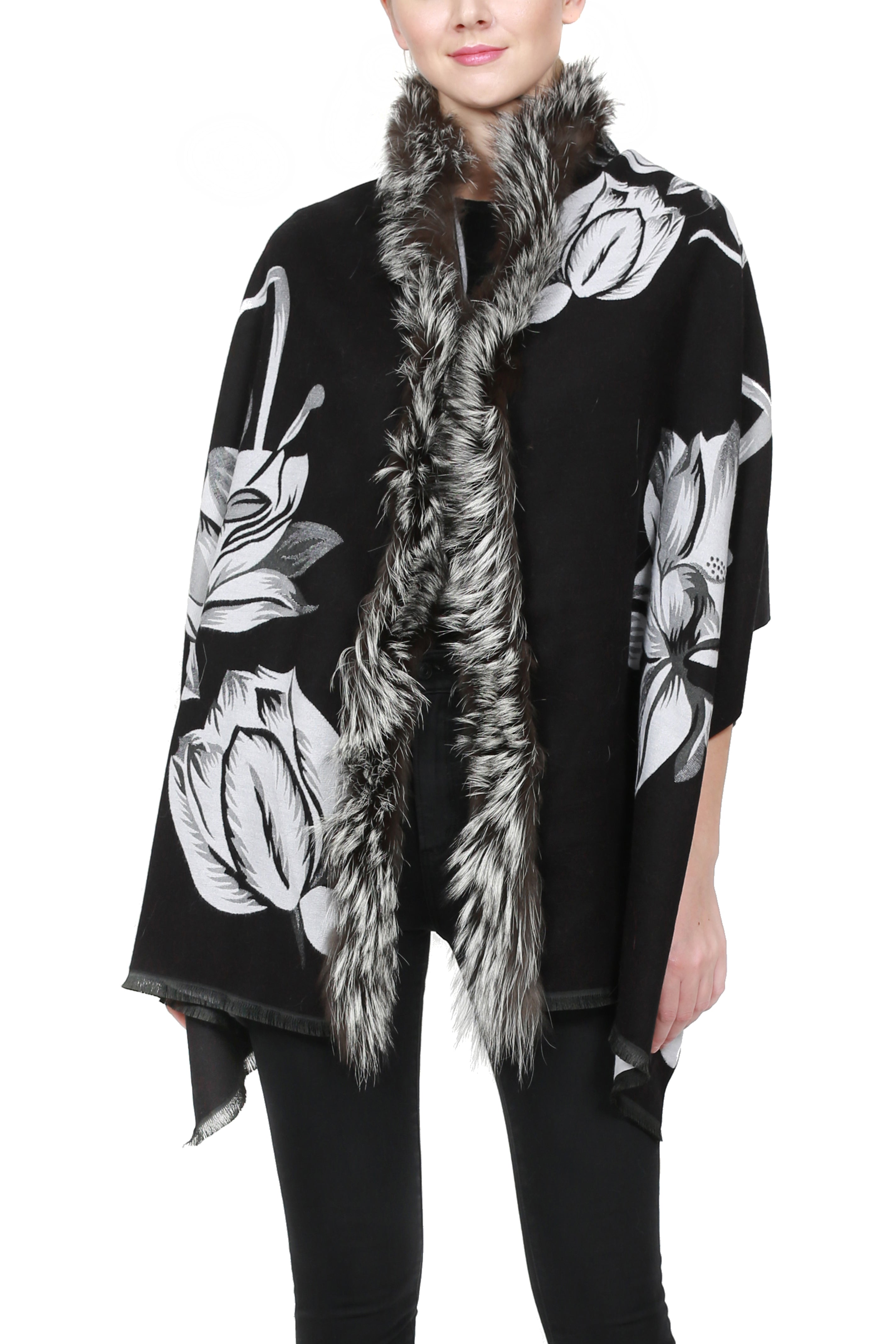 ADUR - Printed Cashmere Wrap with Fur Trim