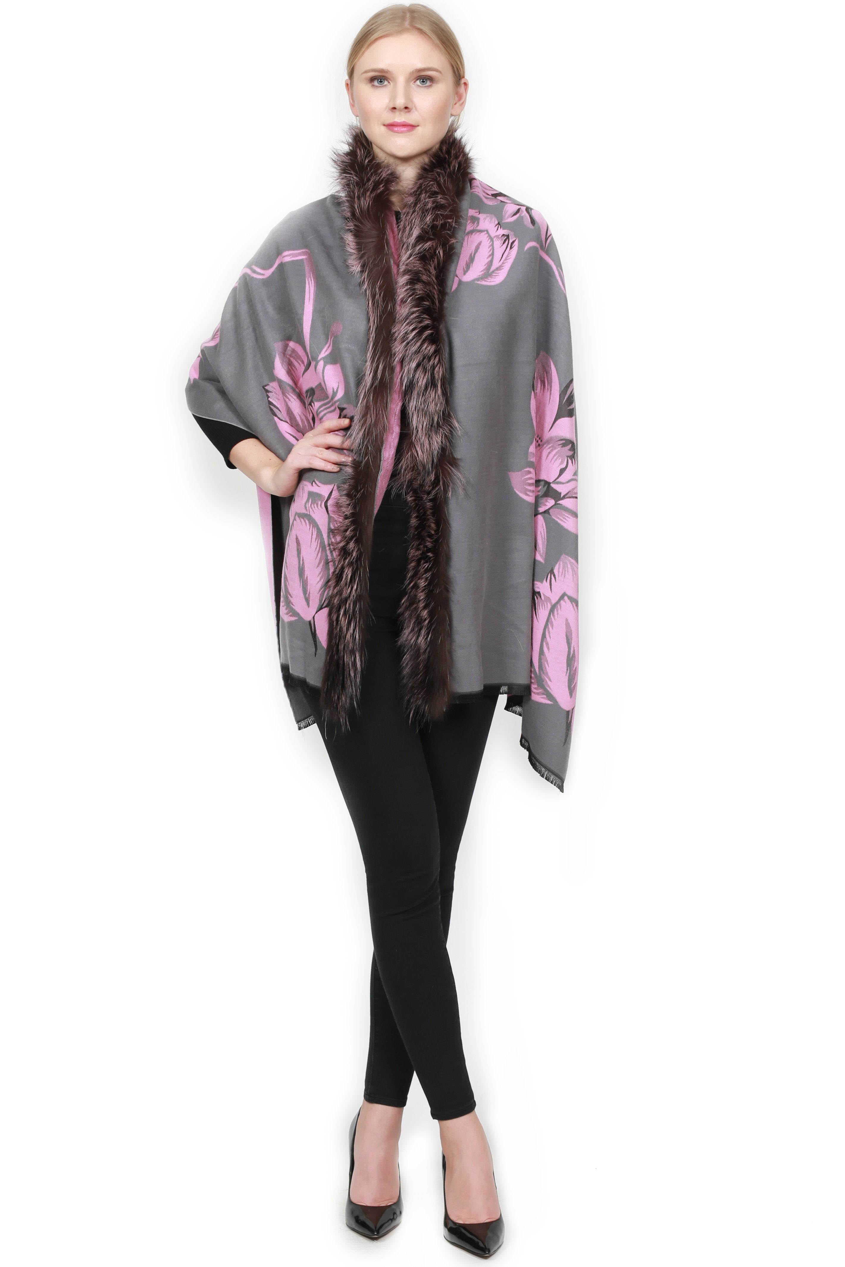 ADUR - Printed Cashmere Wrap with Fur Trim