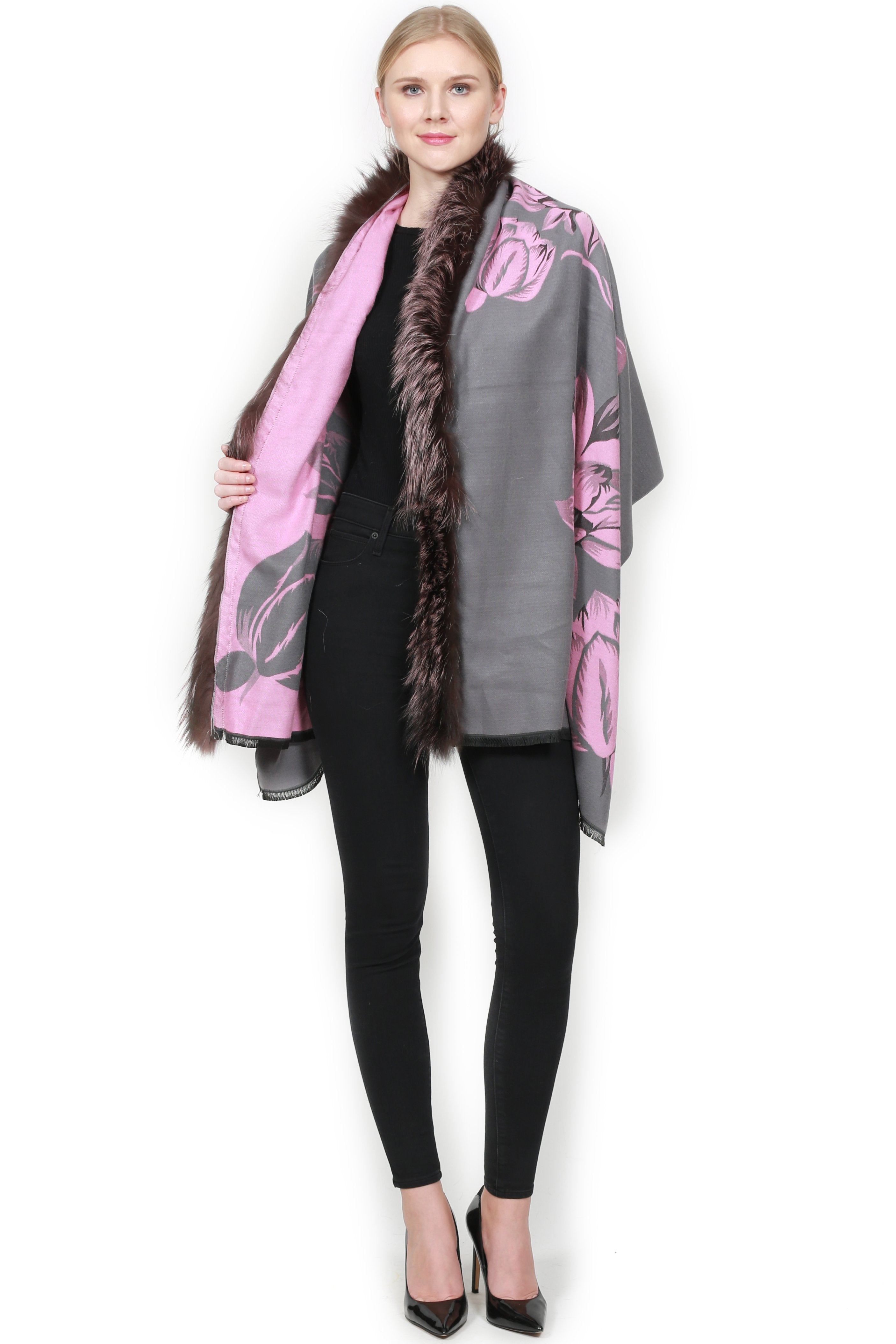 ADUR - Printed Cashmere Wrap with Fur Trim