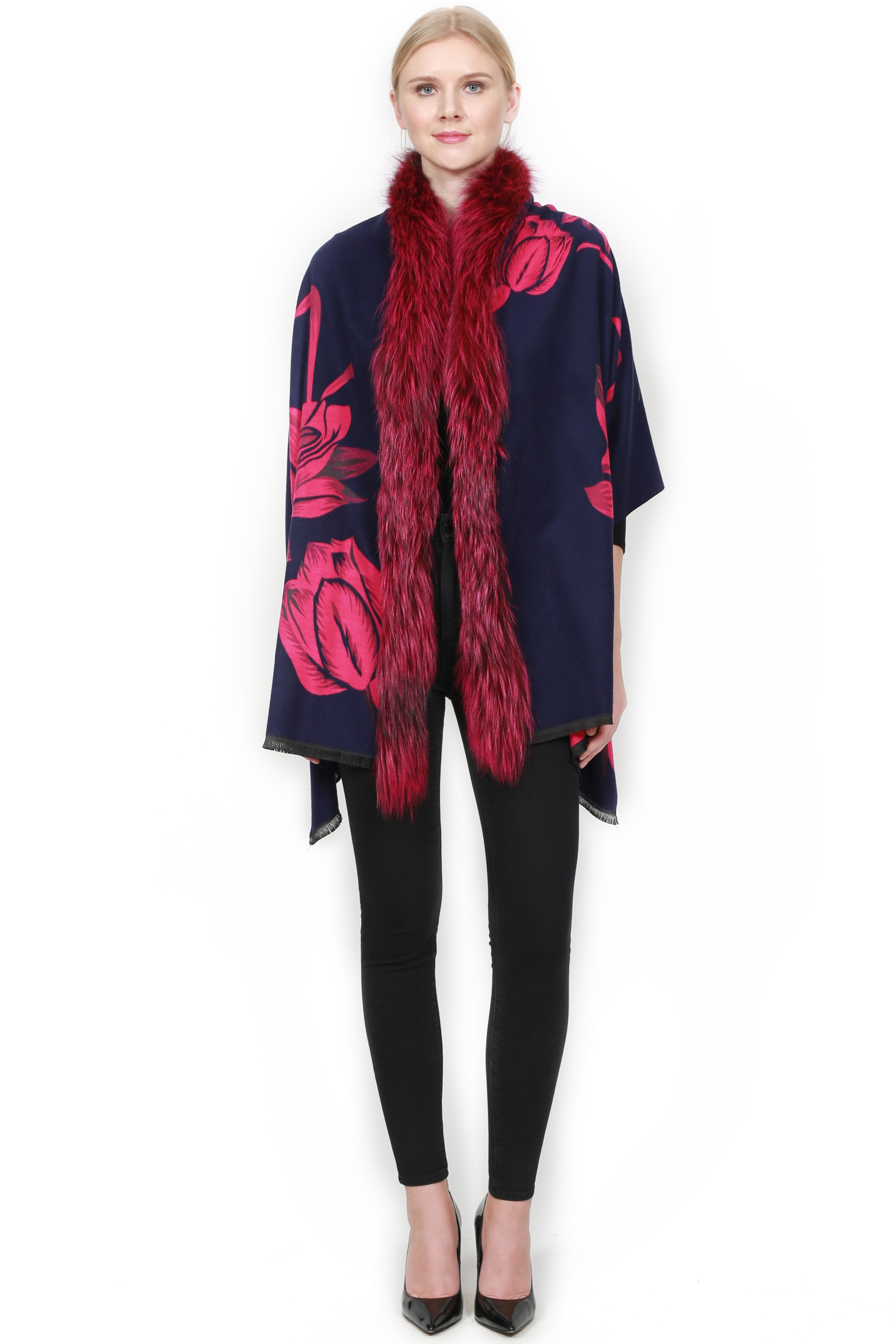 ADUR - Printed Cashmere Wrap with Fur Trim