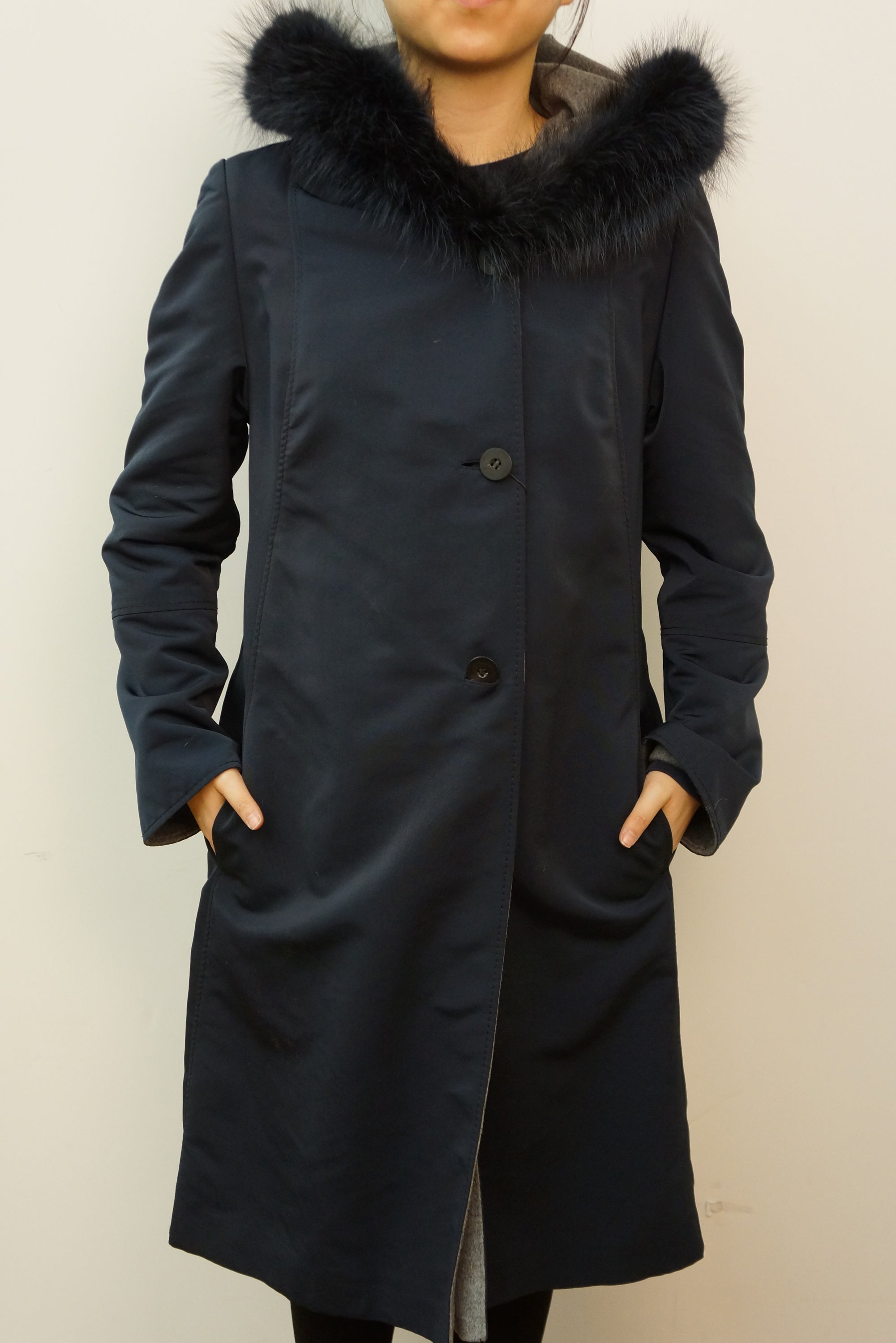 Reversible Microfabric Coat with Raccoon Trim