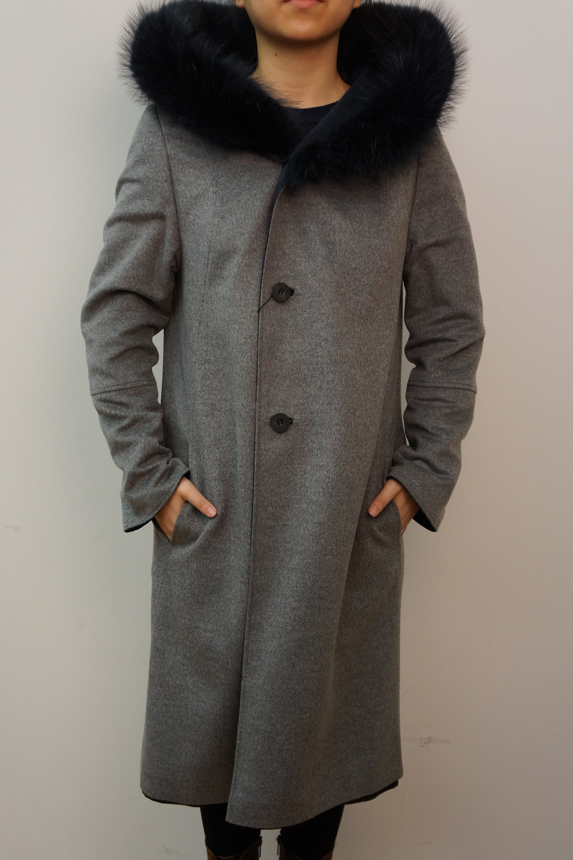 Reversible Microfabric Coat with Raccoon Trim